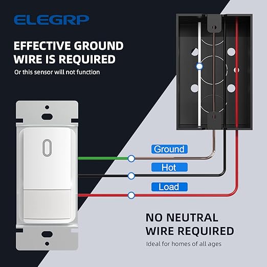 ELEGRP Occupancy Motion Sensor Light Switch, PIR Infrared Motion Activated Wall Switch, No Neutral Wire, Single Pole for CFL/LED/Incandescent Bulb, Wall Plate Included, UL Listed (6 Pack, Matte White)