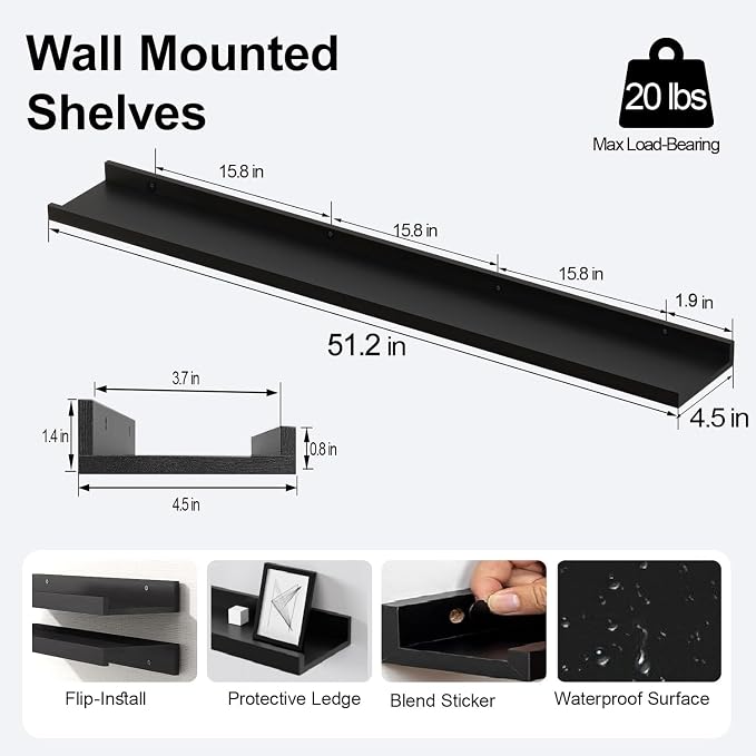 Black Floating Shelves for Wall Decor, 52 in Shelf - Image 3