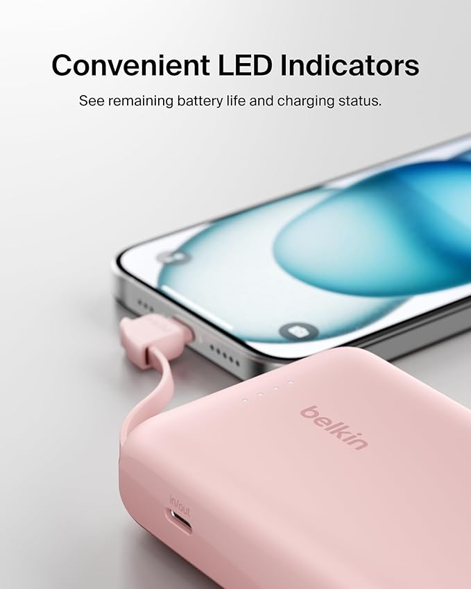 Belkin Portable Charger, Power Bank with Integrated Cable 10000 mAh 20W - Fast Charge USB C Power Delivery - iPhone 17, Air, Pro, Pro Max, iPad, AirPods, Apple Watch, Galaxy S25, & More - Pink
