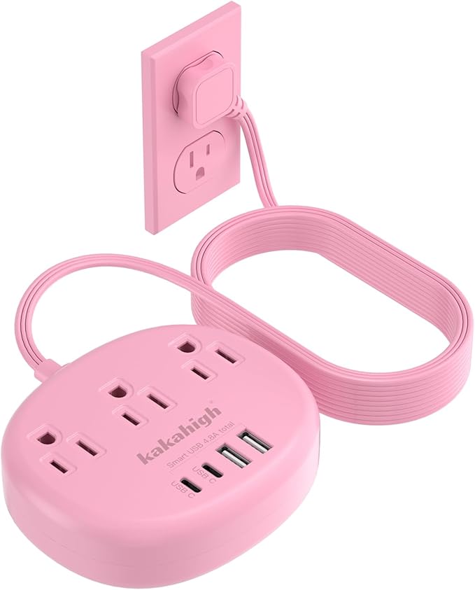 Pink Extension Cord - 10 FT Flat Extension Cord, 1625W Cute Extension Cord with 3 AC Outlet 4 USB (24W/4.8A), Compact for Cute Pink Kawaii Desk Home Essentials