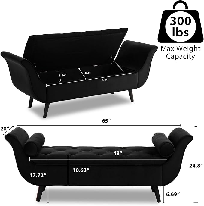 65" Velvet End of Bed Bench, Upholstered Seat - Image 2