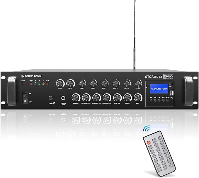 Sound Town Commercial Restaurant Bluetooth Amplifier + Surface-Mount Speaker Set, with One 6-Zone 70V/100V Amplifier with Bluetooth, 8 x 5.25-Inch Surface-Mount Speakers, White (STCA360X8MS5W)