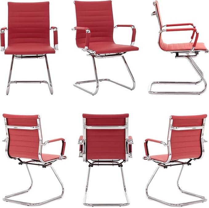 Wahson Office Guest Chairs Set of 4, Leather Reception Chairs, Mid Back Waiting Room Chair, Conference Chairs with Sled Base, Desk Chair No Wheels for Meeting/Lobby/Restroom, Dark Red