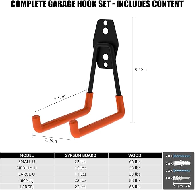 CRXCRC Garage Hooks, 6 Pack Medium Square Wall Hooks for Hanging Heavy Duty Ladders, Bikes, Tools Ideal for Garage, Garden, Basement Utility Room Storage (Orange)