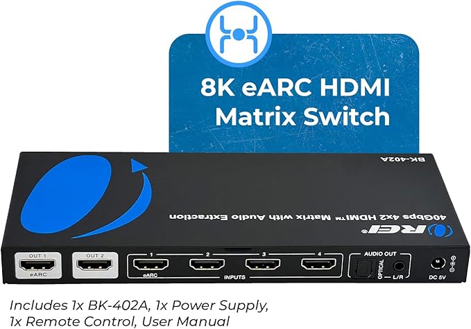 OREI 8K eARC HDMI Matrix Switch 4 X 2, Switcher with Audio Extractor UltraHD Supports Upto 4K @ 120Hz IR EDID HDCP 2.3 - Remote Control (BK-402A)