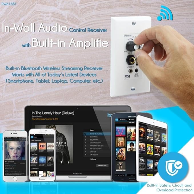 Pyle Wireless BT Receiver Wall Mount - 100W In-Wall Audio Control Receiver w/ Built-in Amplifier, USB/Microphone/Aux (3.5mm) Inputs, Speaker Terminal Block, Connect 2 Speakers, White - PWA15BT