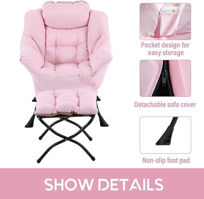 Lazy Chair with Ottoman, Comfy Accent Reading Chair, Removable Cover, with - Image 4