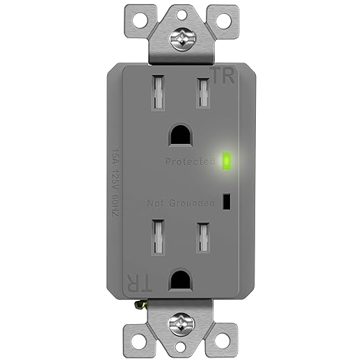 TOPGREENER Surge Protector Receptacle with Grounding Indicator, Child Safe, Tamper-Resistant, Self-Grounding, 900 Joules, 2-Pole, 15A 125V, UL Listed, TGTRSS215R-GY, Gray