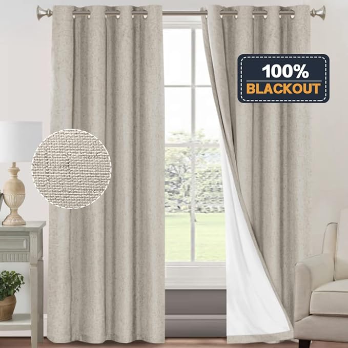 PrinceDeco Linen 100% Blackout Curtains for Bedroom/Living Room Reduce Noise Light Blocking Window Curtains Drapes for Boho Home Decor, Linen Look Fabric with White Liner (52 x 96 Inch,Cobblestone)