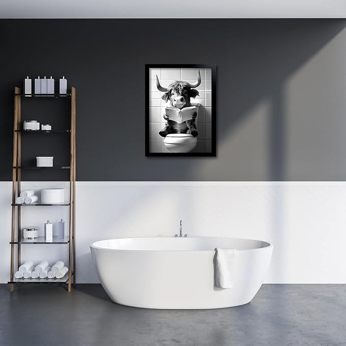 OIQArtOIQ Funny Bathroom Framed Wall Art Black and White Animal Canvas Wall Art - Image 4