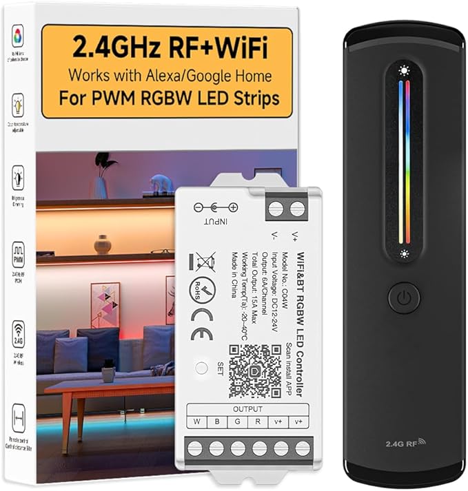 BTF-LIGHTING RF 2.4GHz Wireless Remote RC09RFB & C04W 2.4GHz Tuya WiFi Controller Kit Alexa Google Home Smartphone APP Control for RGBW PWM 5050SMD FCOB (+ R G B W) 5PIN LED Strip DC12V DC24V