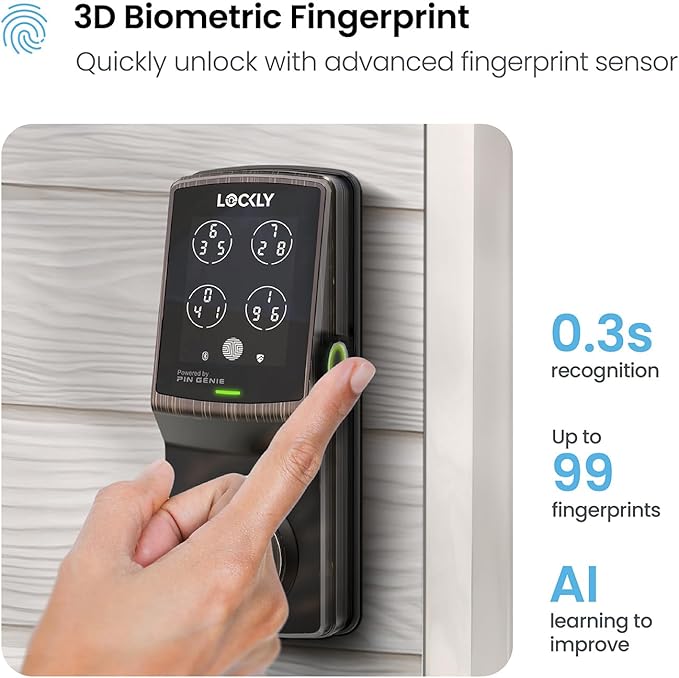 Lockly Secure Plus, Keyless Entry Door Lock, Smart Locks for Front Door, Smart Lock Deadbolt, PIN Genie® Keypad, 3D Biometric Fingerprint Sensor, Auto Lock Smart Door Lock