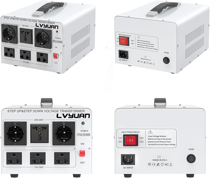 LVYUAN Heavy Duty 3000W Watt Voltage Transformer Converter Step Up/Down Converter 110/120 Volt - 220/240 Volt with 3 US,2 European,1 Universal Outlets and CE Certified,Circuit Break Protection