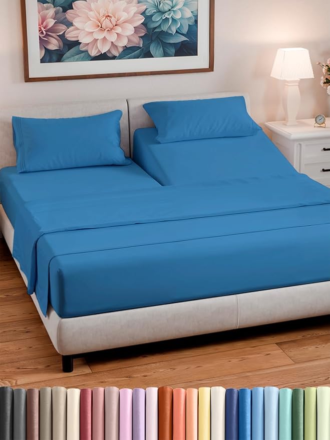 Split Head King Sheet Set – 4 Piece Flex Split Top King Sheets for Adjustable Beds - Fits 14” to 16" Mattress w/ Deep Pockets - Soft, Breathable & Cooling - Luxury Bedding & Wrinkle Free - Denim Blue