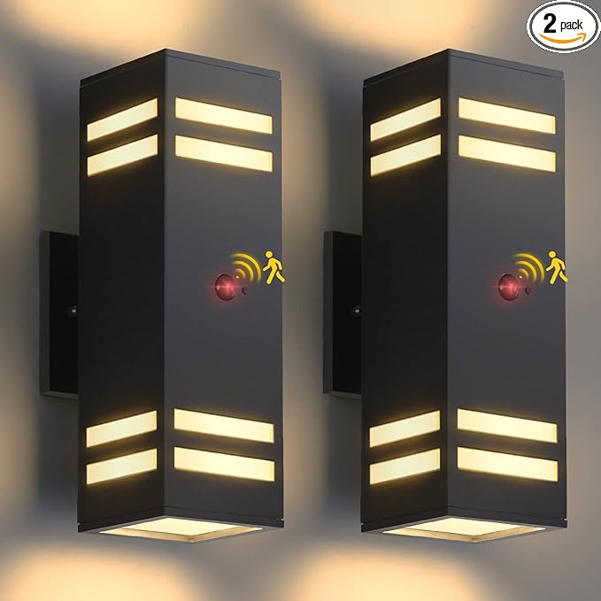 Zinola Motion Sensor Outdoor Lights 2 Pack, Modern Outdoor Wall Lights Black Exterior Lighting Fixtures, Square Motion Detector Lights for Outside, Waterproof Sconce for House Porch, Bulbs Included