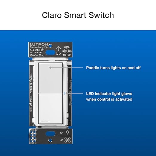 Lutron Claro Smart Switch 3-Way Kit for Caseta Smart Lighting, Includes Wall Plate, Pico Paddle Remote, and Bracket, Neutral Required, DVRF-PKG1S-WH