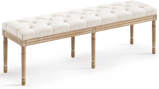 LUE BONA 60" Fabric End of Bed Bench, Upholstered Tufted French Bedroom Bench by LUEBONA