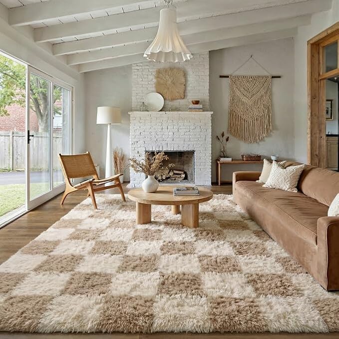 Beige 9x12 Area Rug for Living Room Soft Checkered Shag Carpet | Machine by PureCozy
