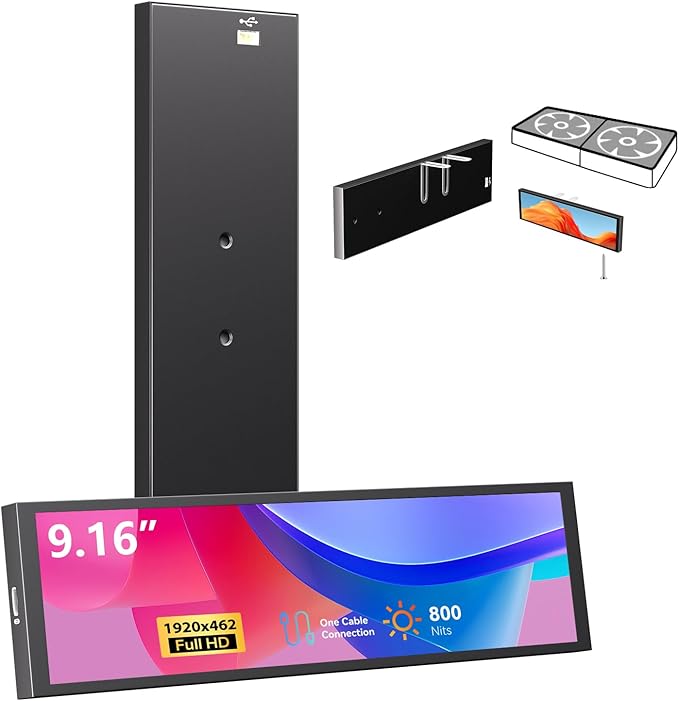 9.16" Computer Temp Monitor, FHD 1920x462 PC Sensor Panel One-Cable Connection(No HDMI Needed), Stretched Bar LCD Dynamic Theme Supported, IPS Mini Secondary Screen for CPU RAM HDD Data Aida64 (Black)
