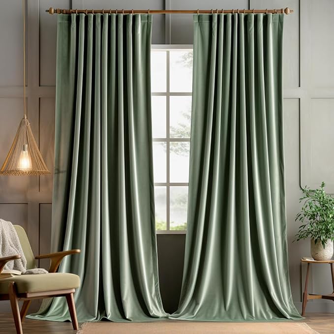 MIULEE Sage Green Velvet Pinch Pleat Blackout Curtains W52 X L90 Inches | 2 by MIULEE