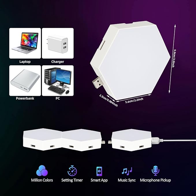 Vcwtty Hexagon Lights Wall Panels, Smart LED Wall Lights with APP, DIY Modular Assembled Music Sync RGB Gaming, Hex Light with USB-Power for Autism, Game Room Decor, Party (6-Pack)