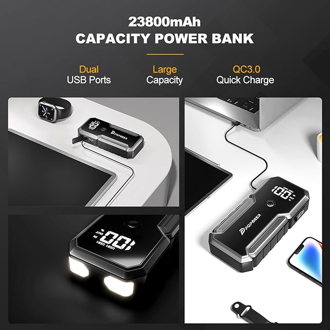 POPDEER Car Battery Jump Starter, 3000A Jump Box (All Gas/ 8.0L Diesel), 12V Car Battery Charger with Dual USB Quick Charge and DC Output, Portable Jump Starter with LED Flashlight