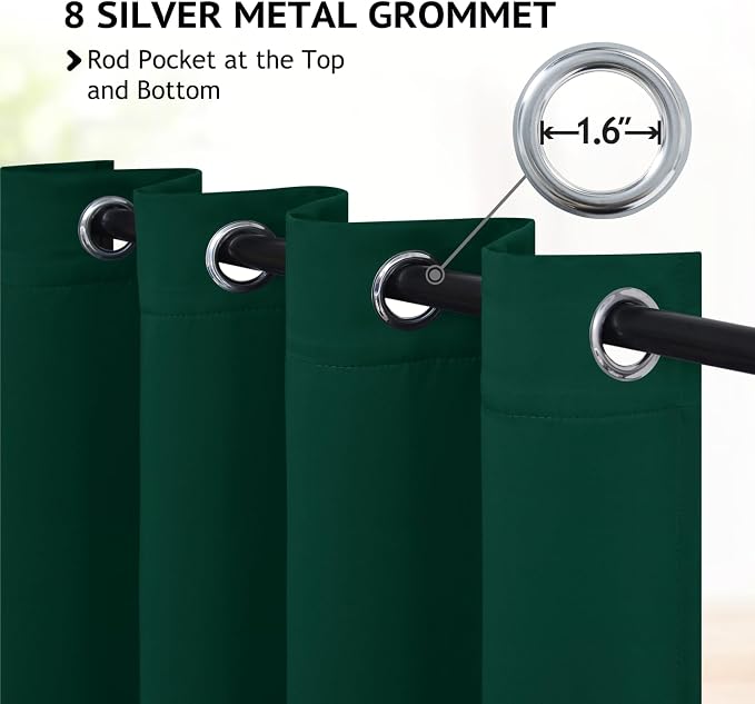 COSVIYA Grommet Room Darkening Dark Green Curtains 90 inch Long - Image 2