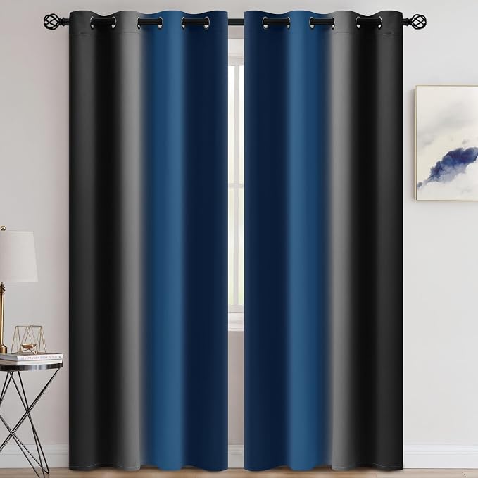 COSVIYA Gradient Grommet Ombre Dark Blue and Black Curtains W52 x L84 Inch | - Image 2