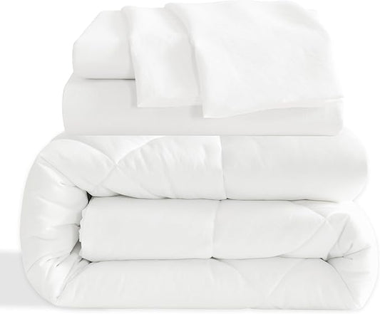 NTBAY Twin Comforter Set with Sheets, 5 Pieces Soft and Breathable Twin Bedding Set, Twin Bed in a Bag, Down Alternative Comforter Set Solid Color All Season, Kids Bedding Set, White
