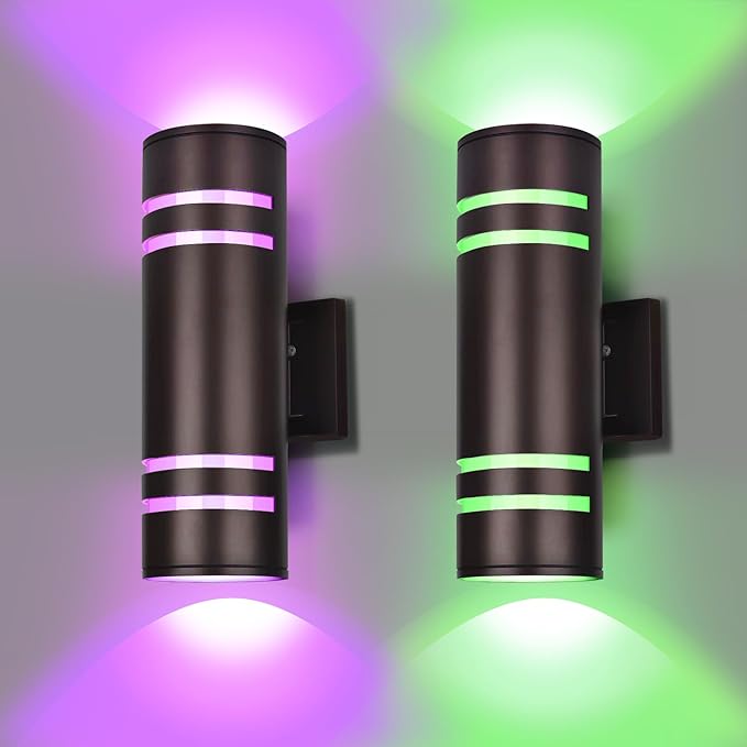 rosykite Smart Outdoor Wall Lights Color Changing 2 Pack, RGB+2700K-6500K Modern Exterior Lighting Fixtures Cylinder Outside Wall Sconce with Glass, WiFi APP Control Up Down Outdoor Porch Lights