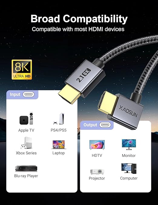 XAOSUN Right Angle HDMI 2.1 Cable 6.6FT, 48Gbps Ultra High Speed HDMI Cord Support 8K@60Hz 4K@120Hz Dynamic HDR eARC HDCP 2.2& 2.3 HDR10, Compatible with ps5,ps4,x-Box,roku TV,HDTV,Blu-ray,lg,Samsung