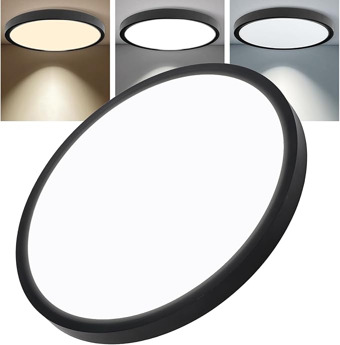 YELIOLED 12 Inch Slim Dimmable LED Flush Mount Ceiling Light Fixtures, 24W 2640LM 3000K/4000K/5000K, House Upgrade Led Lights for Bedroom Hallway Laundry Room Rental Units, 240W Equiv., Black