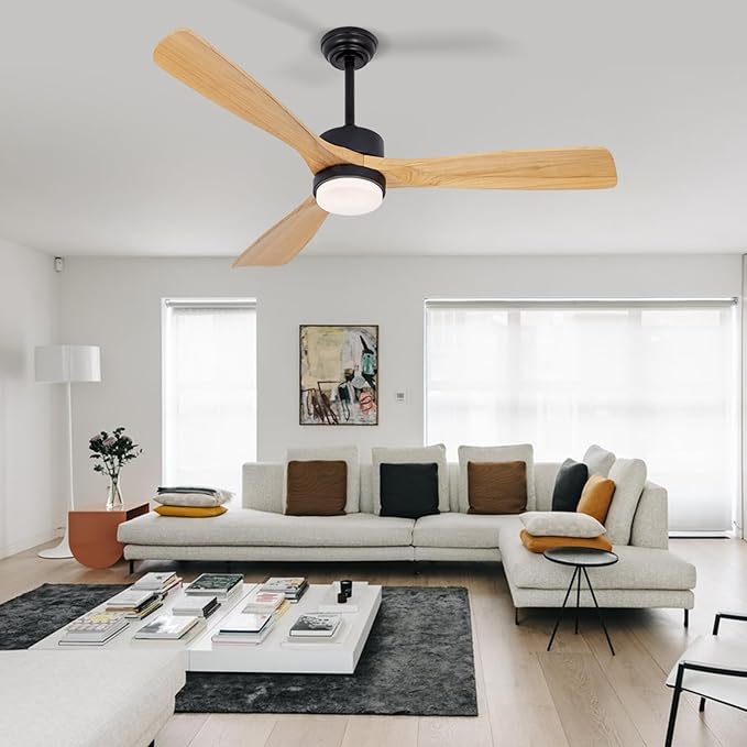 revoici 52” Ceiling Fans with Lights Remote Control, Quiet DC Motor 3 Blade Wood Ceiling Fan with LED Light, Indoor Outdoor Ceiling Fans for Patio Living Room, Bedroom, Office