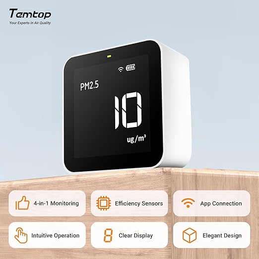 Temtop Smart Air Quality Monitor Indoor Home Air Testing for AQI, PM2.5, Formaldehyde and VOCs with WiFi Connection and Remote Monitoring via App,M10i