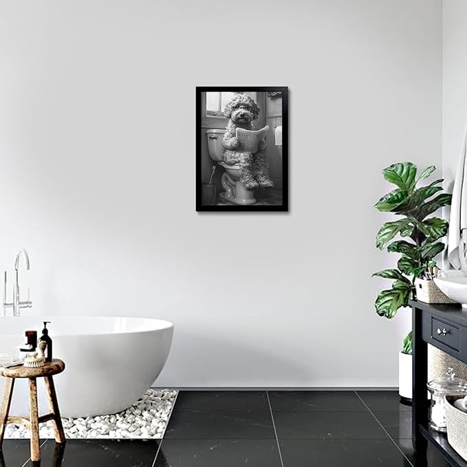 OIQArtOIQ Funny Bathroom Canvas Wall Art Black and White Wall Art Teddy Dog On - Image 3