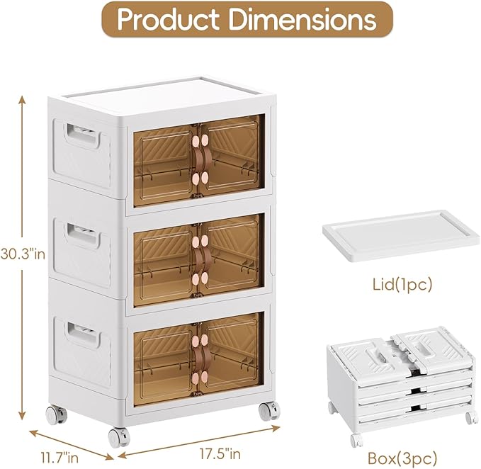 JEKO&JEKO 214Qt Stackable Storage Bins with Lids and Wheels, Foldable Collapsible Plastic Boxes for Clothes, Home, White, 6Pack