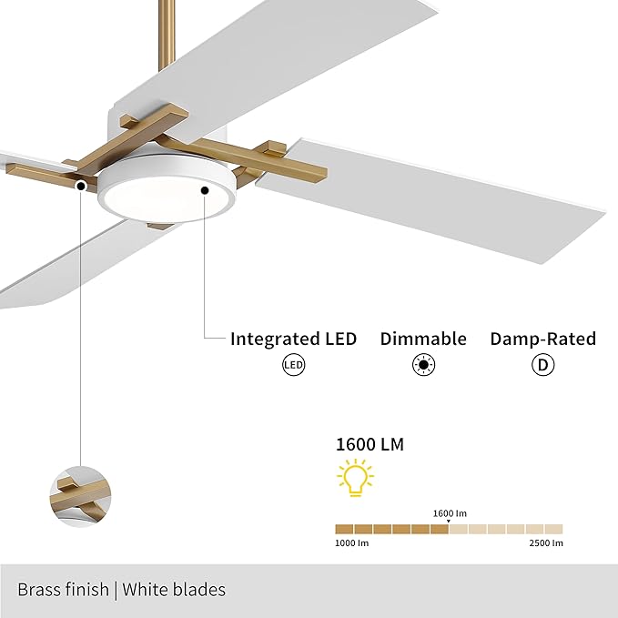 WINGBO 54 Inch Ceiling Fan with Light and Remote, 4 Plywood Blades, 6-Speed Reversible DC Motor, Dimmable, 3CCT, Farmhouse Ceiling Fan for Bedroom Living Room Kitchen, Brass and White
