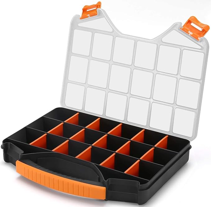 Massca Hardware Organizer box with dividers - 18 Compartments Small Parts Organizer with Accessible Hinged Lid - Durable Plastic Screw Organizer Store Nuts, Bolts, Screws, Nails, & Small Hardware