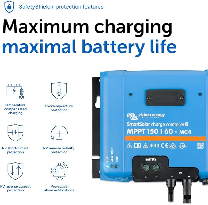 Victron Energy SmartSolar MPPT MC4 Compatible Solar Charge Controller (Bluetooth) - Charge Controllers for Solar Panels - 150V, 60 amp, 12/24/36/48-Volt