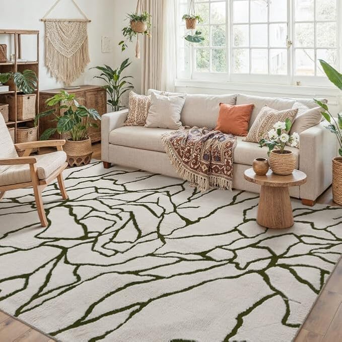 Cream 4x6 Area Rug for Kids Room Soft Fluffy Checkered Shag Carpet | Machine - Image 3