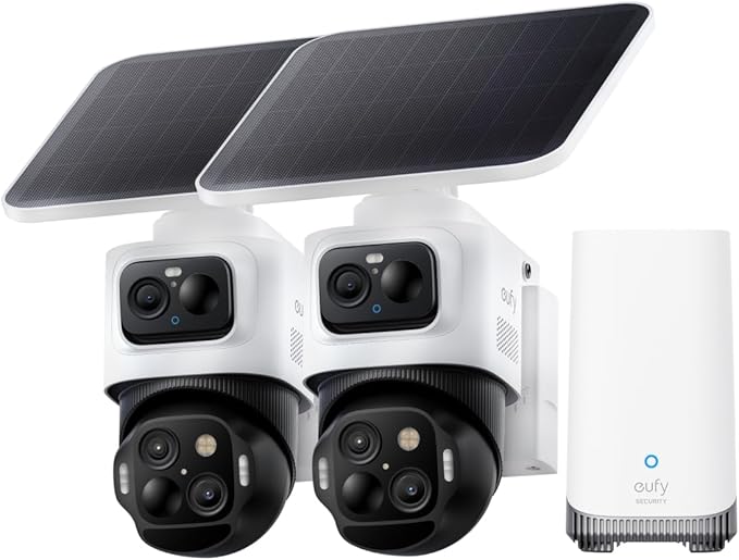 eufy Security eufyCam S4 2-Cam Kit,4K Solar Camera Wireless Outdoor, Triple Lens Bullet-PTZ Cam, 360° View, Cross-Cam Track, Al Recognition, 8X Zoom, Color Night Vision, 0 Monthly Fee, Local Storage