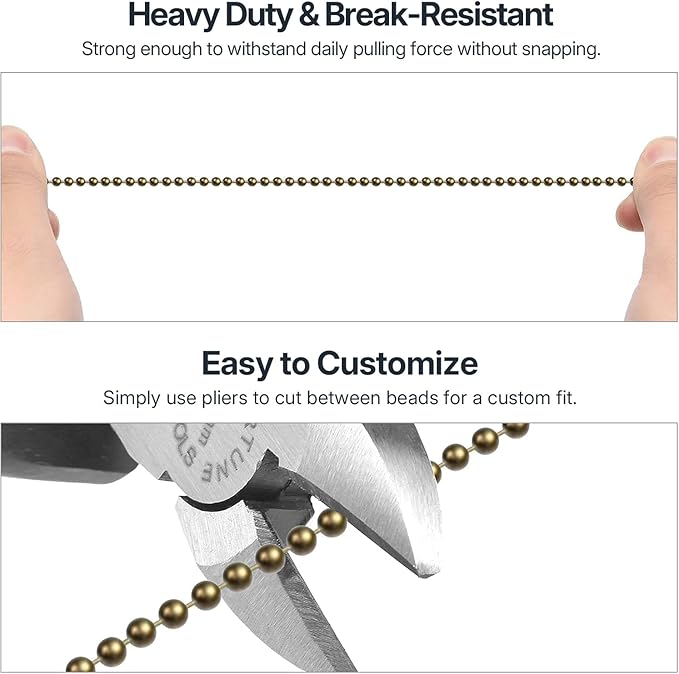 SmoTecQ 10ft Ceiling Fan Pull Chain Extension - Retro Antique Bronze Finish - 3mm Hollow Ball Chain (Rustproof Brass) with 12 Connectors - Vintage Beaded String for Light Fixtures & DIY Crafts