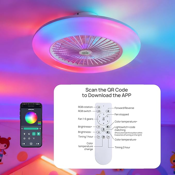 KJDOFN 24 inch Ceiling Fan with RGB Light Remote, Smart LED Ceiling Fans with Remote/App Control, Modern Low Profile Dimmable Light Ceiling Fan for Bedroom Living Room White
