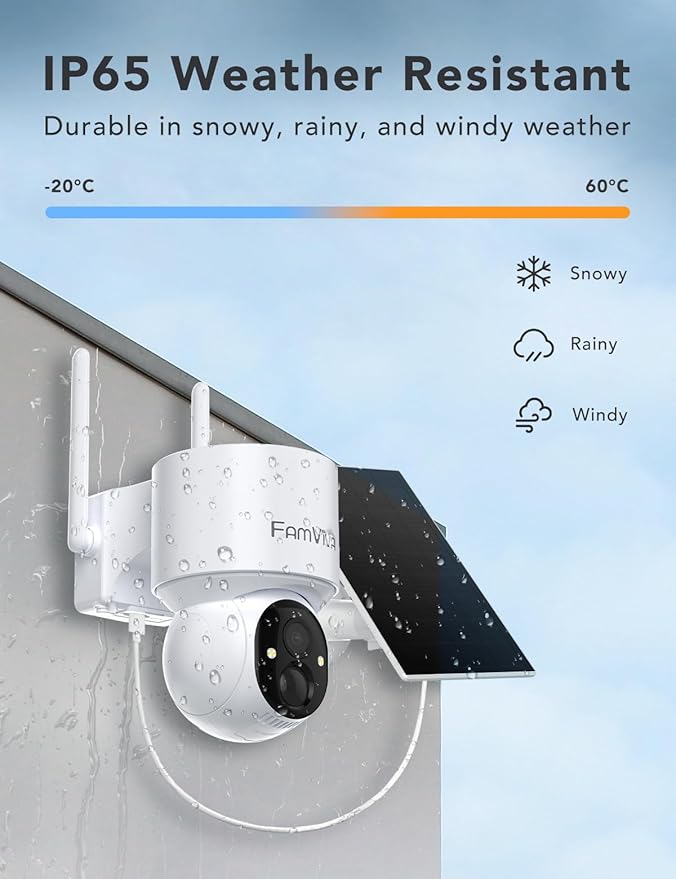 FAMVIVA 2K Solar Security Cameras Wireless Outdoor, 360°PTZ Battery Powered Cameras for Home Security, 2.4G WiFi Outdoor Camera with Color Night Vision, IP66 Waterproof, Motion Sensor Alarm, White-4P