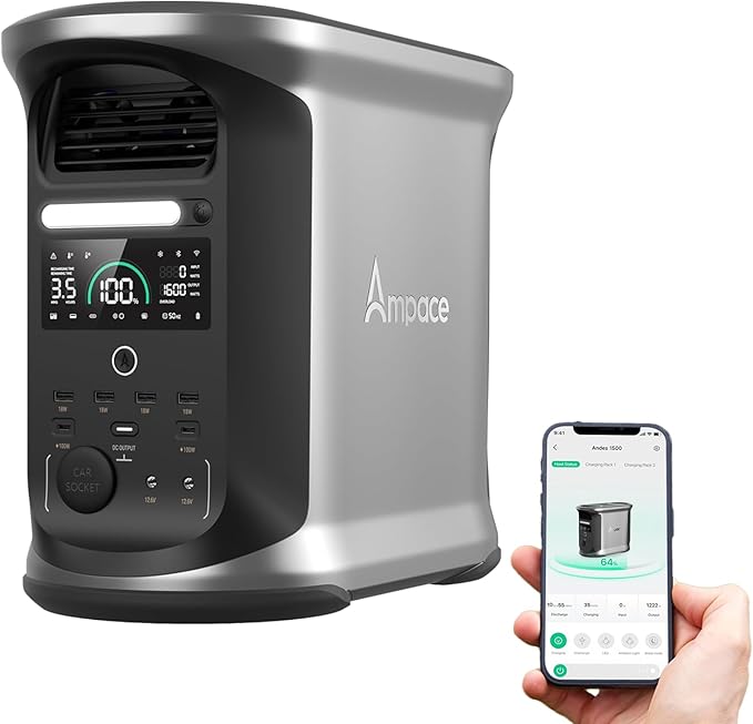 AMPACE Andes 1500 Portable Power Station 2400W(Surge 3600W), 1462Wh Solar Generator, LiFePO4 Battery, 1800W A-Boost Fast Charging, APP Control, Emergency Power for Home Backup, Camping, RV, Emergency