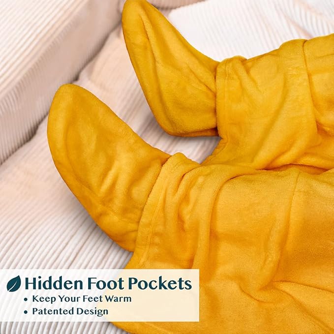 PAVILIA Fleece Blanket with Sleeves, Foot Pockets for Women Men Adults, Plush Wearable Blanket Throw Wrap, Warm Snuggle Blanket Robe, Cozy Gift Ideas Wife Mom, Mustard Yellow