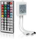 RGB LED Strip Light Remote Controller, 44 Key IR Remote with 2-in-1 4 Pin Connector, Dual Output Dimmer for 12V-24V DC 5050/3528 LED Tape Rope Lighting, 30ft Range