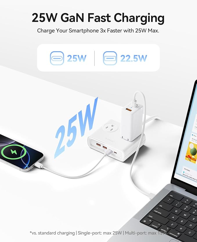 ORICO 25W GaN Power Strip with USB Ports, 8-in-1 Charging Station | with 4 AC - Image 3