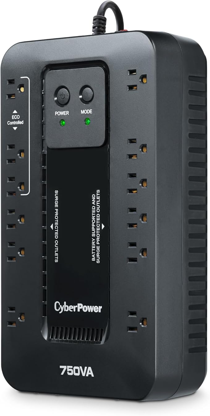 CyberPower EC750G Ecologic Battery Backup & Surge Protector UPS System, 750VA/450W, 12 Outlets, ECO Mode, Compact Uninterruptible Power Supply, Black