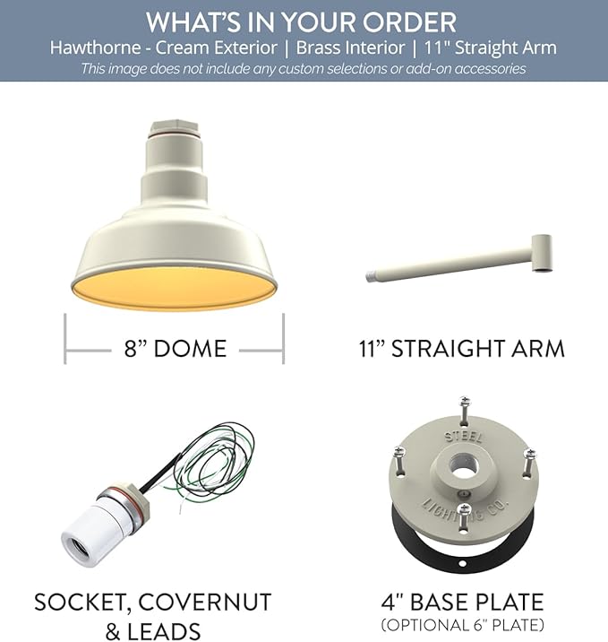 Steel Lighting Co. Hawthorne Barn Light | Outdoor Wall Mounted | 8 inch Dome | 11" Straight Arm | Small Farmhouse Light Made in America | Cream Exterior/Brass Interior